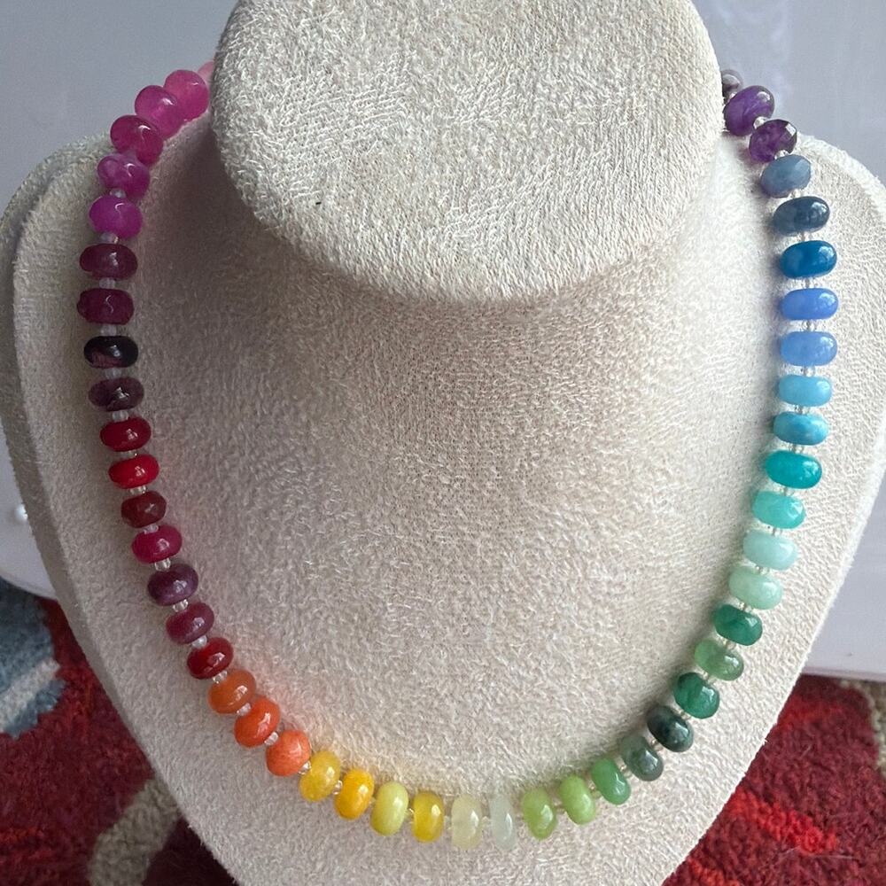 16" Ombre Rainbow Gemstone Necklace, Semi-Precious, Silver Tone Hardware